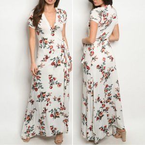 IVORY FLORAL WRAP MAXI DRESS